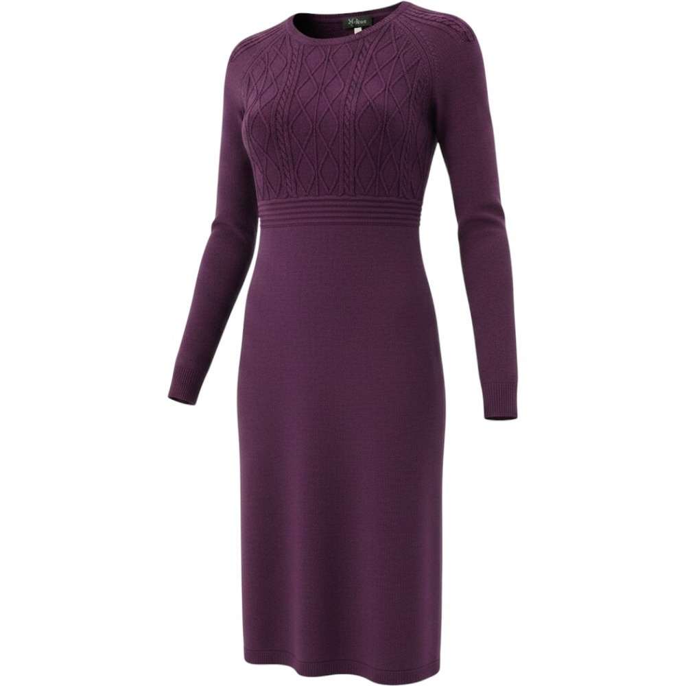 Ibex Womens Purple Merino Wool Cable Knit Long Sleeve Sweater Dress Size L